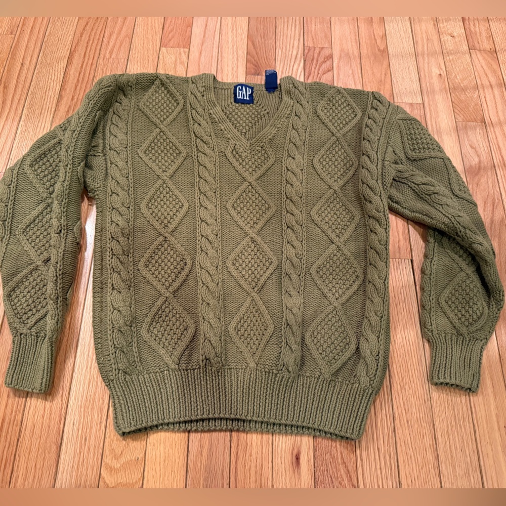 VTG GAP Men's V-Neck Cable Handknit Cotton Sweater Olive Green fisherman